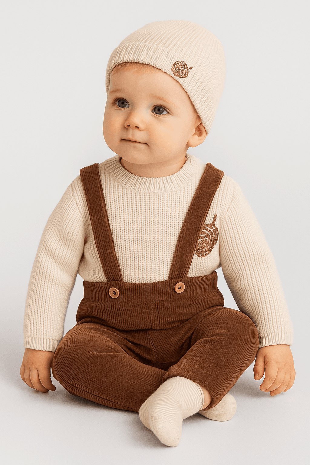 Erkek Bebek Premium Triko Üst Kadife Tulum Bere Çorap Özel Kutulu Set (3-6 ay )