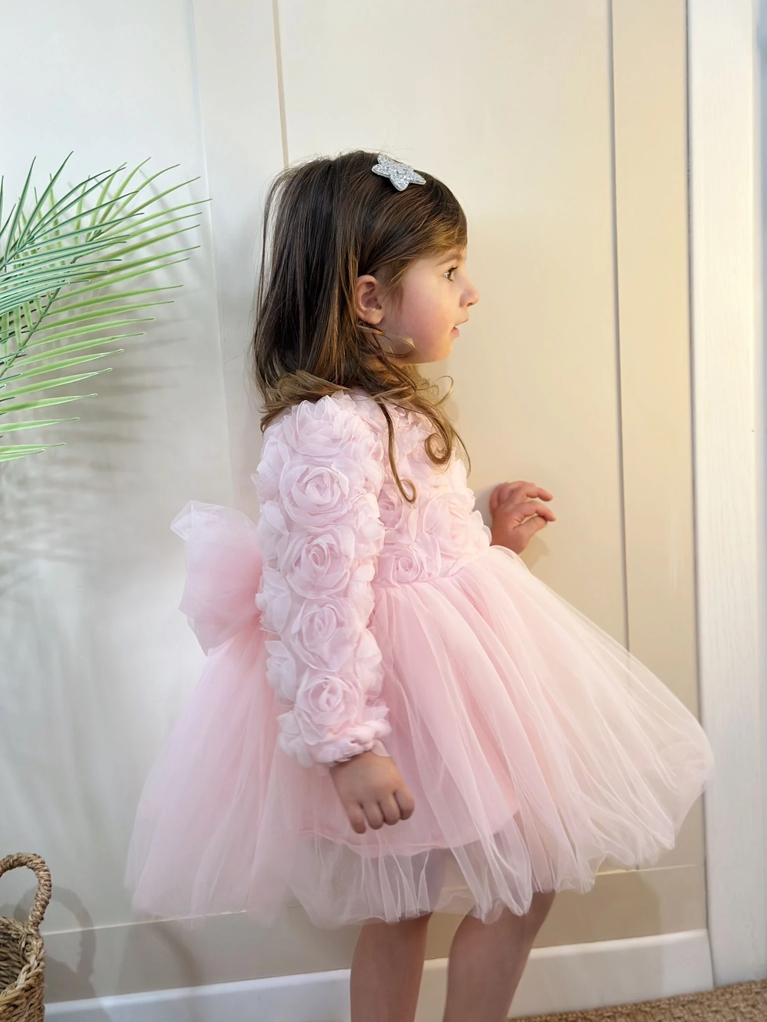 Kız Çocuk Gül Kabartma Detay Fiyonklu Elbise 