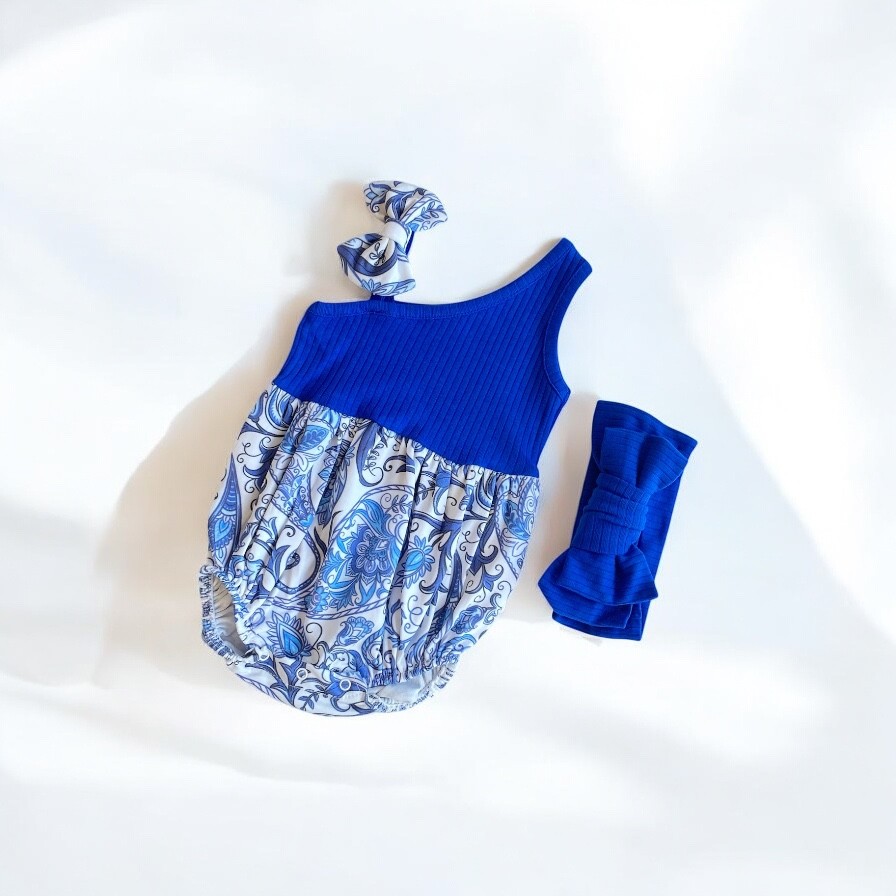 SARAH Kız Bebek Omuz Fiyonk Detay Desenli Romper Bandana Set - Mavi