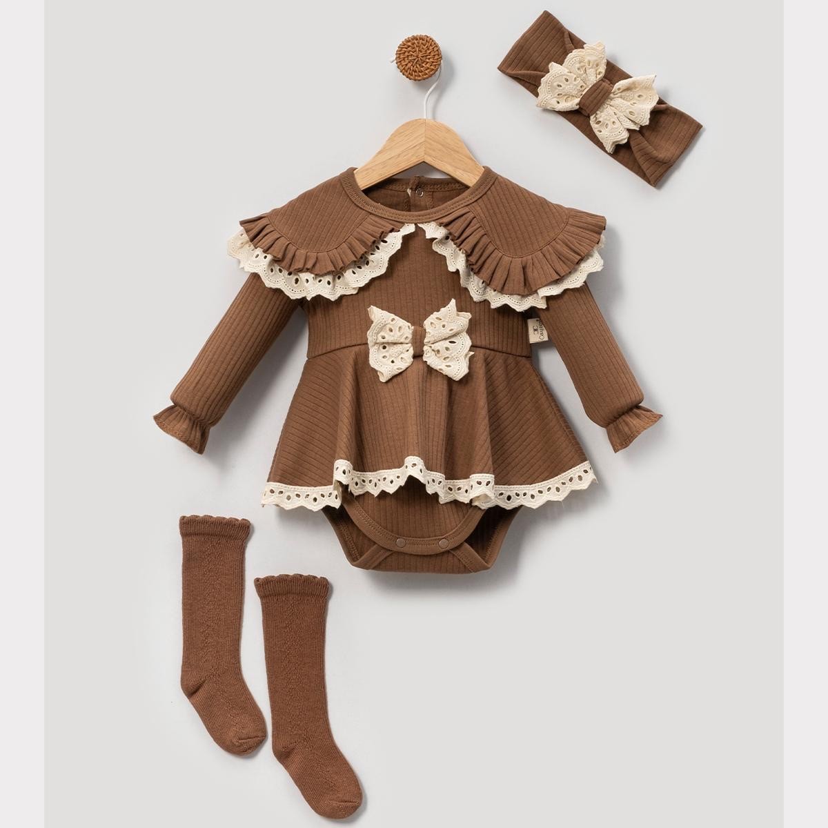 Kız Bebek Bebe Yaka Romper Bandana Çorap Set - kahverengi