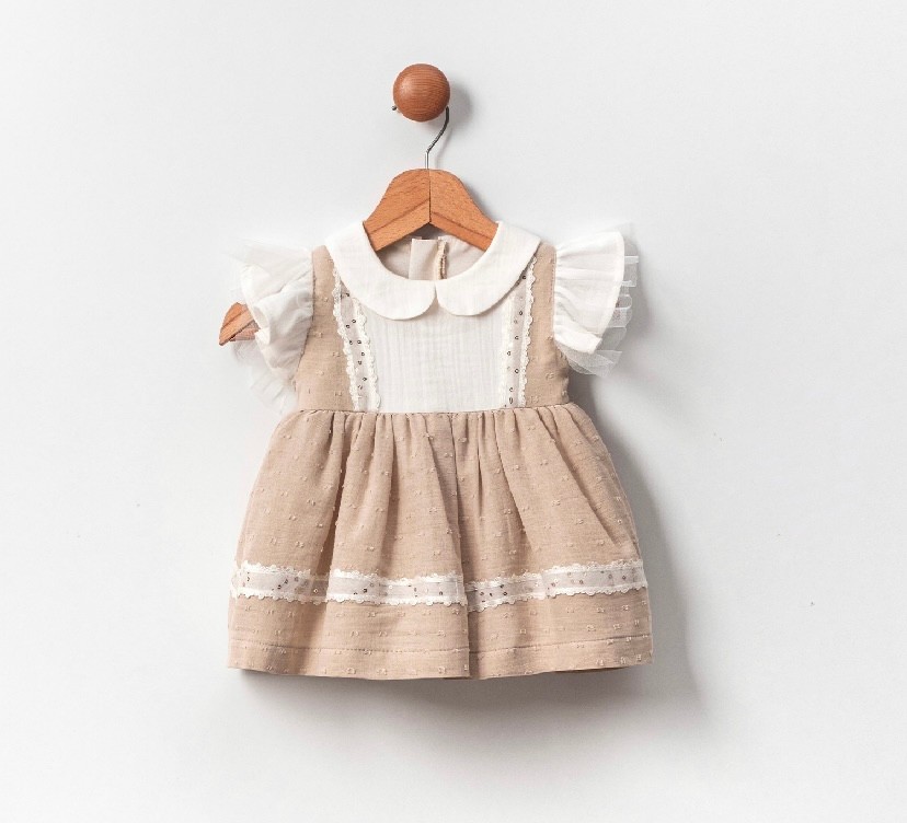 ROYAL Bebe Yaka Fırfır Kol Bej Geçişli Elbise 