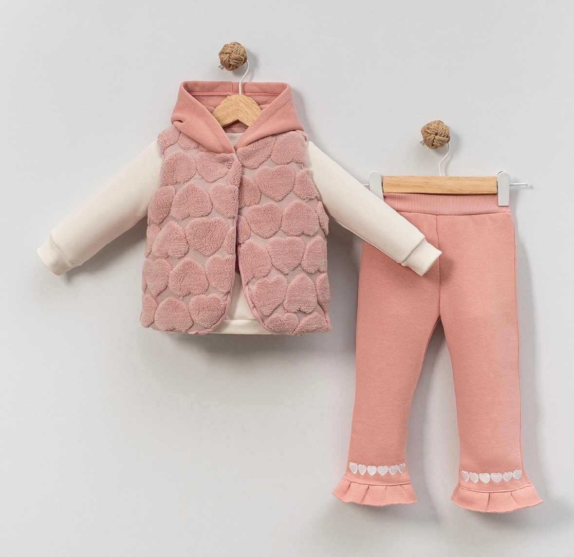 Kız Bebek Kalp Detay Badi Pantolon Peluş Yelek Takım 