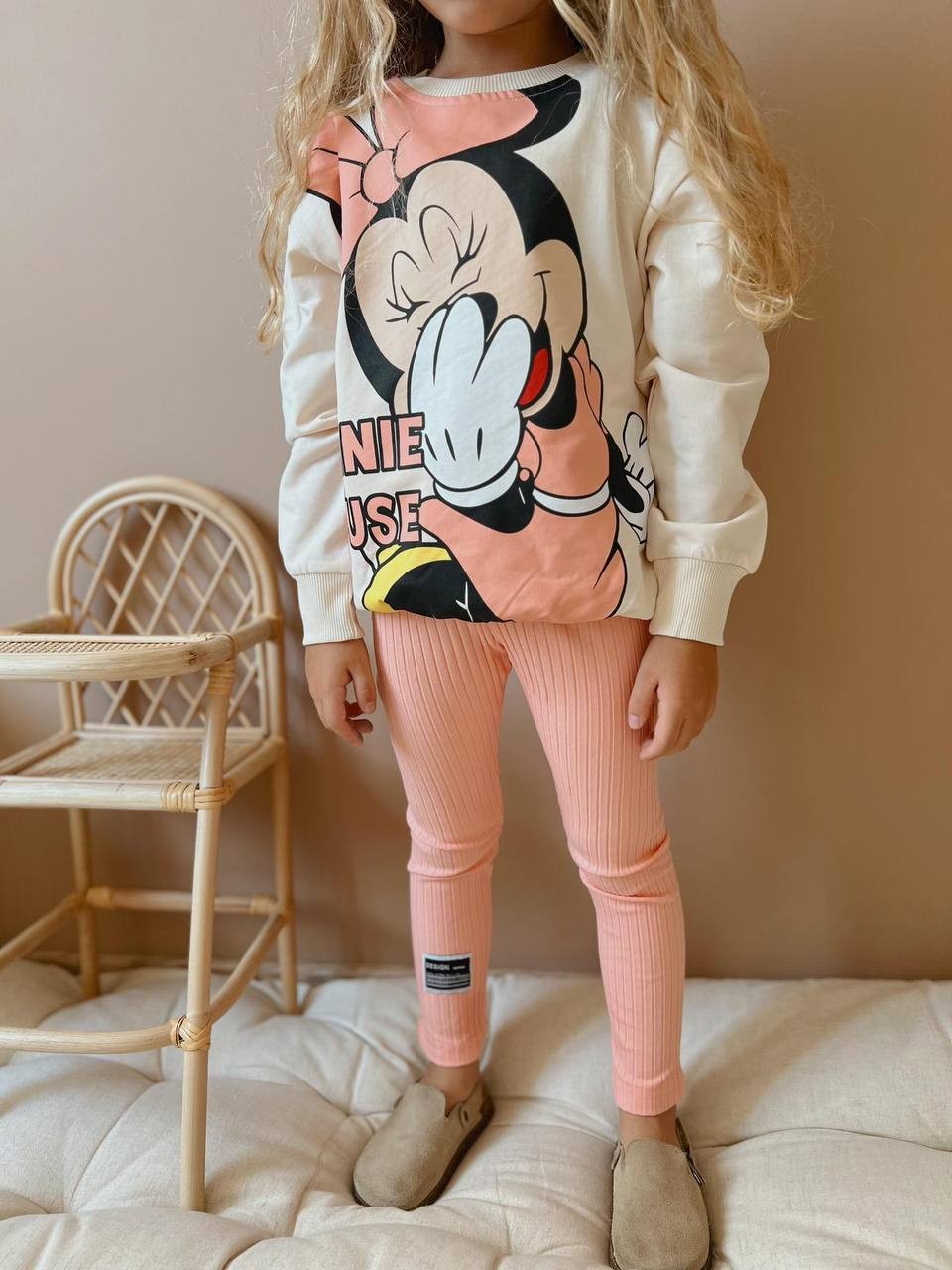 Kız Çocuk Somon Minnie Mouse Üst Tayt Takım