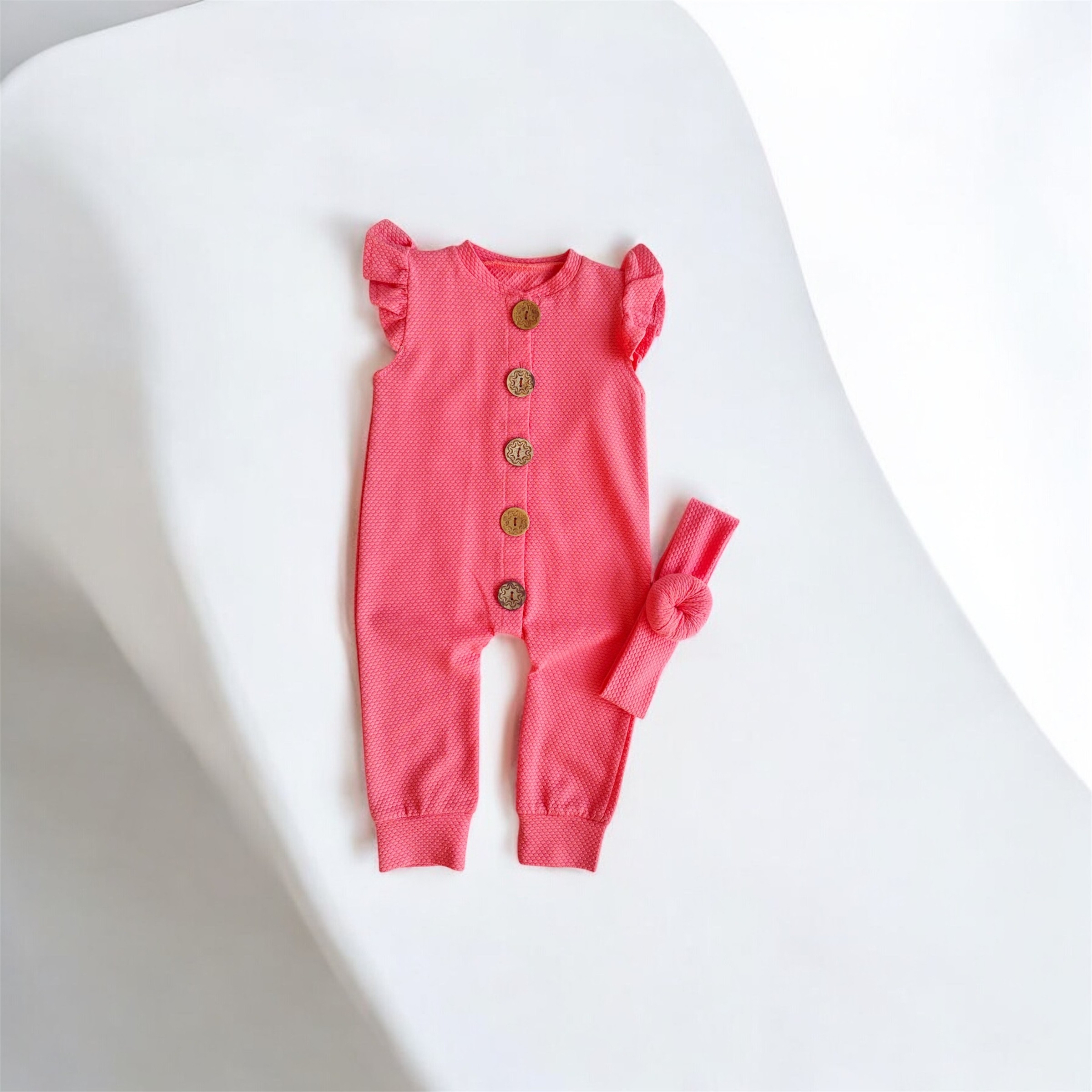 Pembe 3/6 Ay Düğmeli Tulum Bandana Set