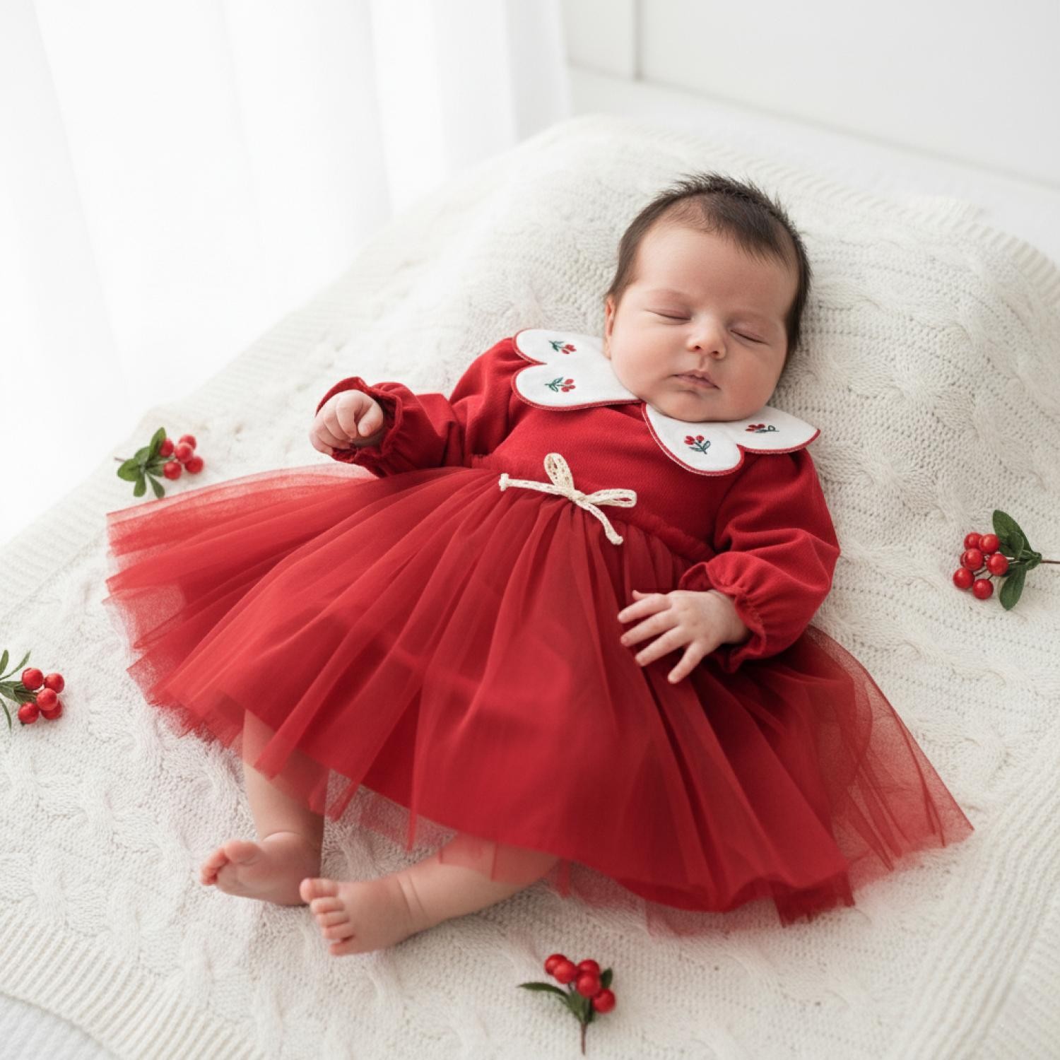 AMORE Kız Bebek Kokina Bebe Yakalı Tül Elbise  - kırmızı