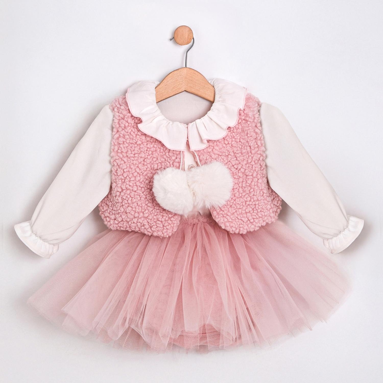 SUGAR Kız Bebek Pembe Peluş Yelek Gömlek Şort 3’lü Takım