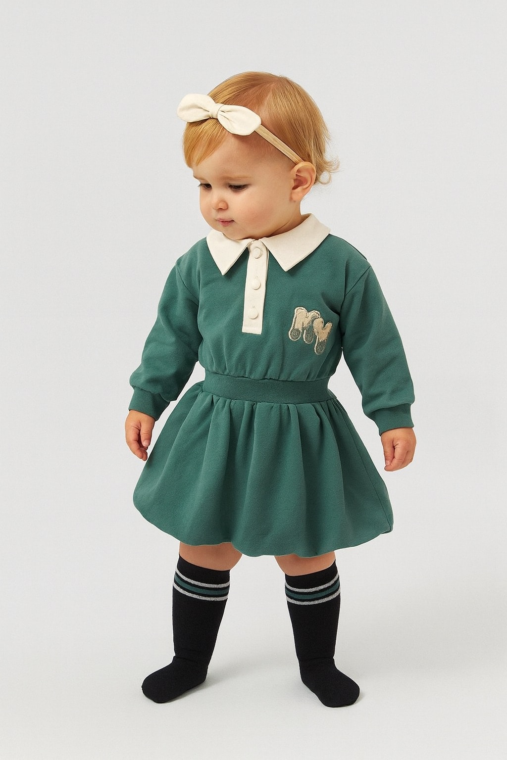 Kız Bebek Kolej Model Elbise Çorap Bandana Set 