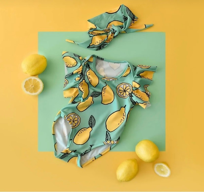 Limon Desenli Sıfır Kol Mayo Bandana Set