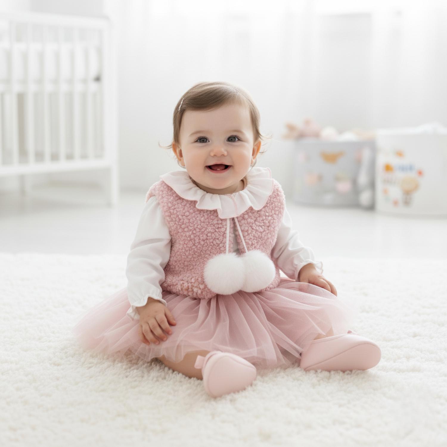 SUGAR Kız Bebek Pembe Peluş Yelek Gömlek Şort 3’lü Takım