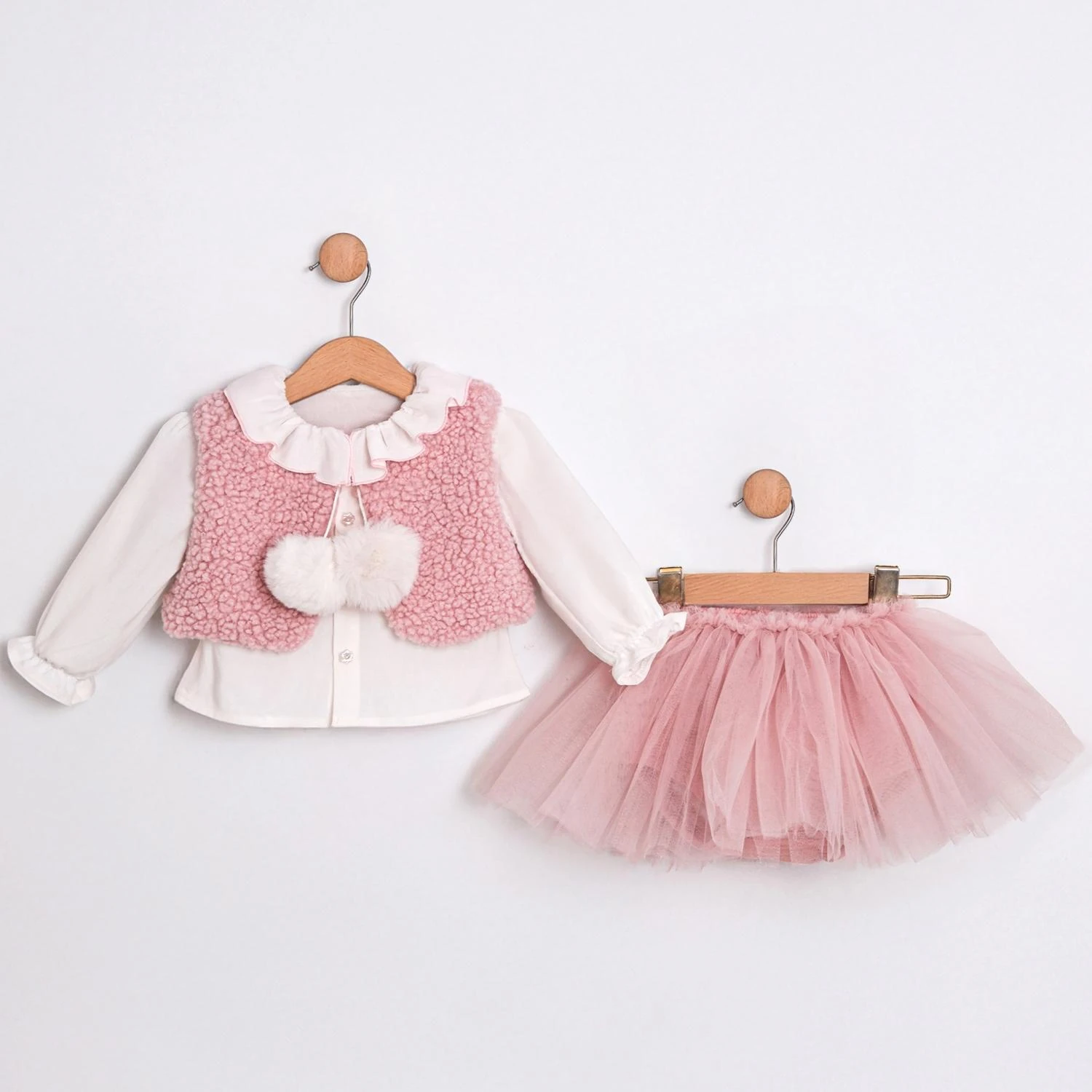 SUGAR Kız Bebek Pembe Peluş Yelek Gömlek Şort 3’lü Takım