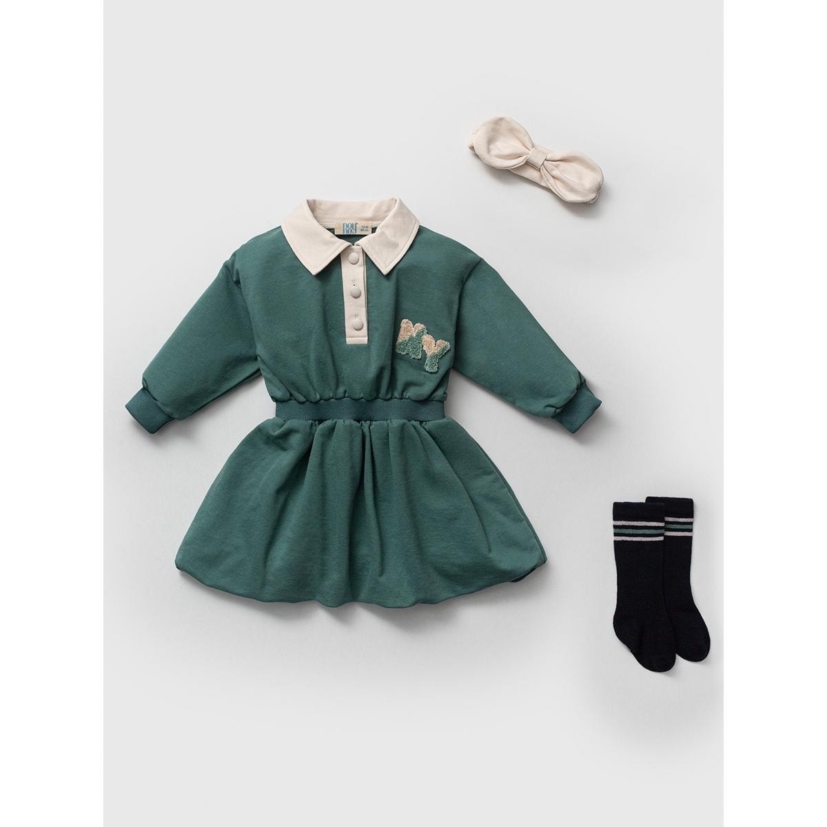 Kız Bebek Kolej Model Elbise Çorap Bandana Set 