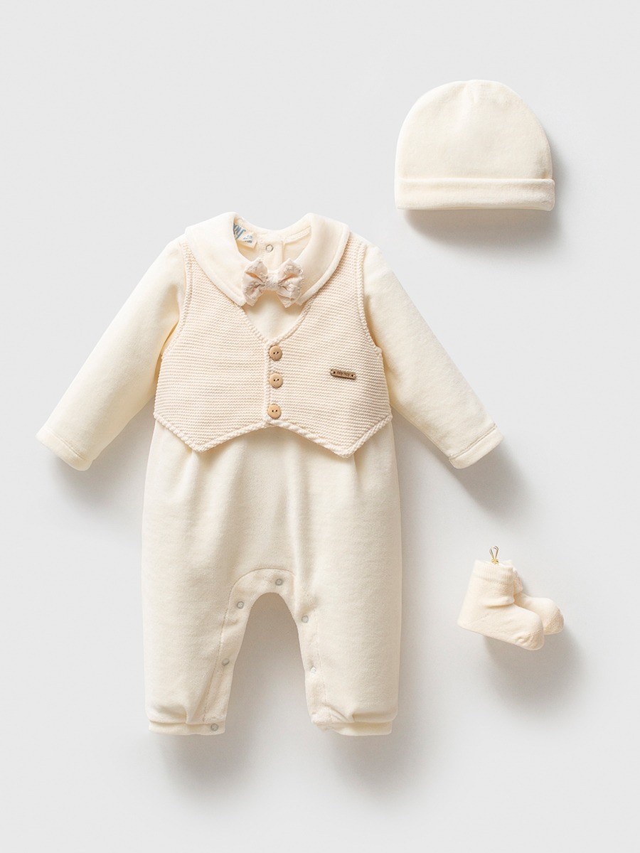 Erkek Bebek Premium Kadife Tulum Bere Çorap  Özel Kutulu Set  (3-6 ay  )