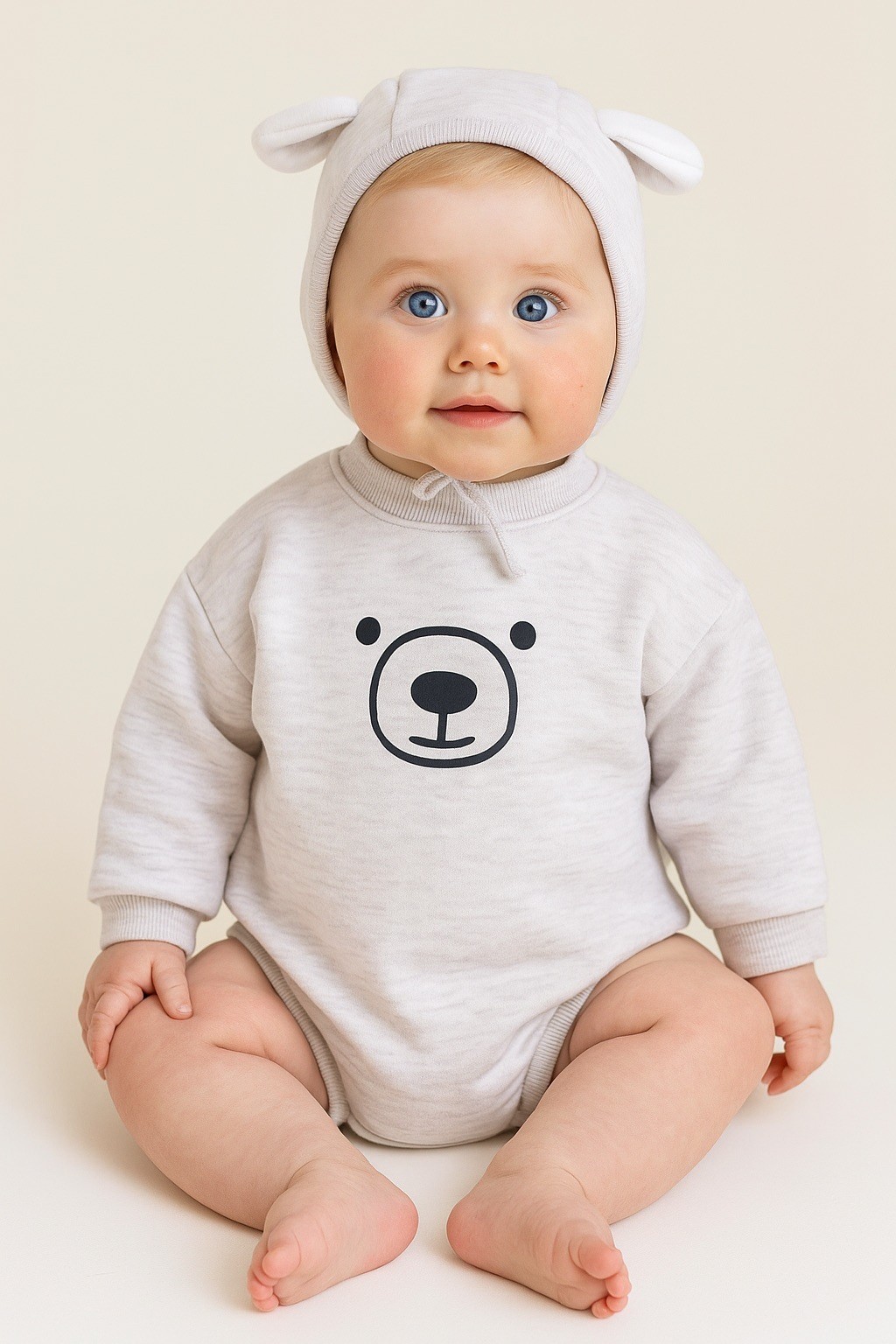 Teddy Bear 3 iplik Şardonlu Romper Şapka Set 
