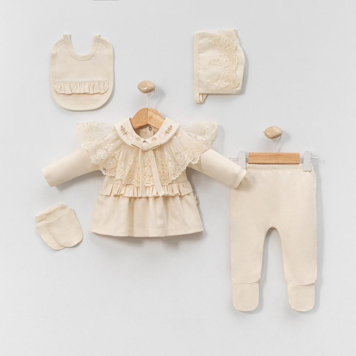 Kız Bebek Dantelli Yenidoğan Hastahane Çıkışı 5 li Set 