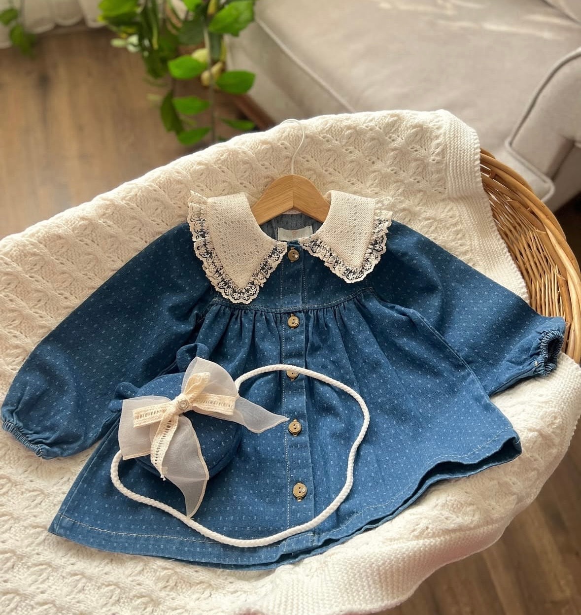 Kız Çocuk Vintage Denim Elbise &Hırka Çanta Set 