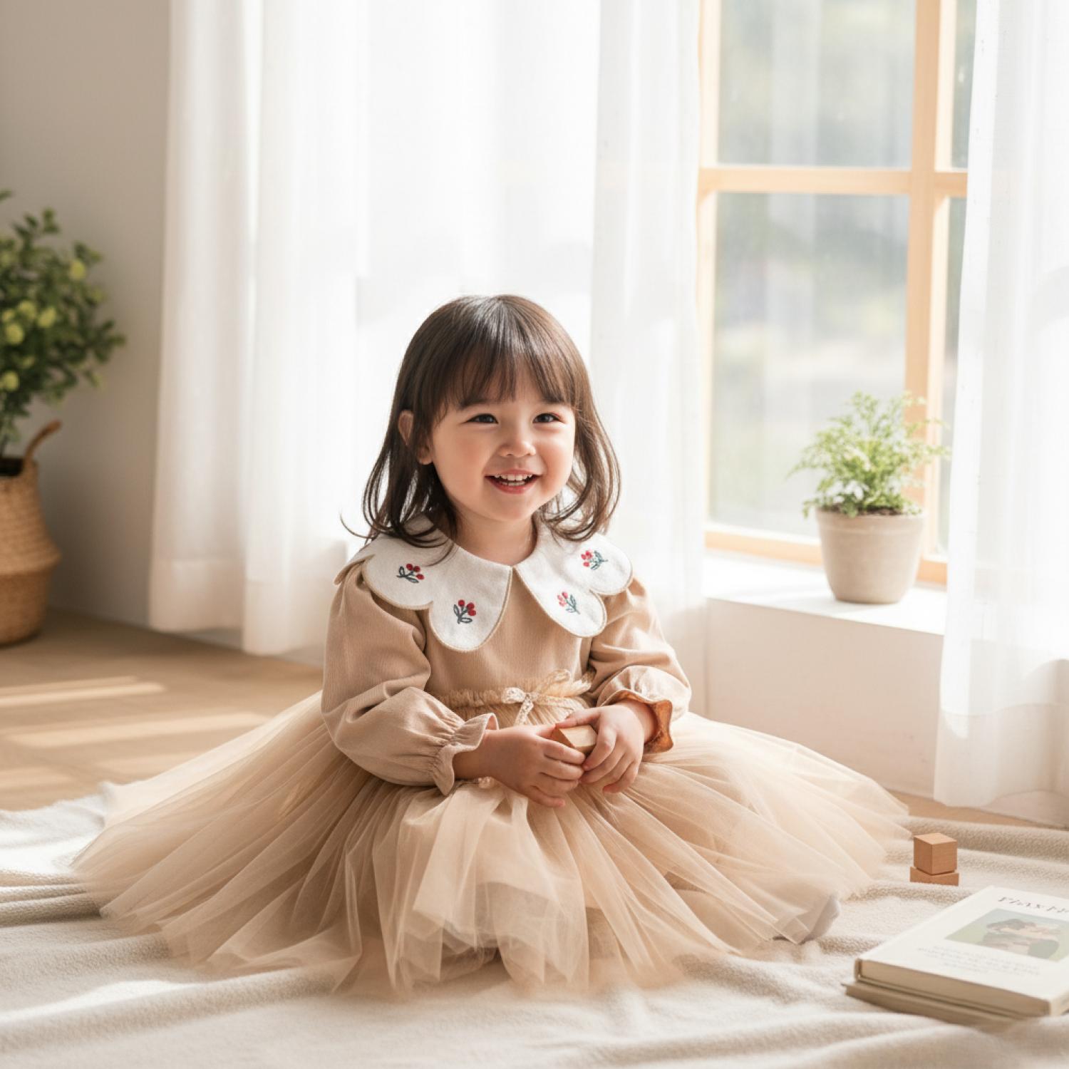 AMORE Kız Bebek Kokina Bebe Yakalı Tül Elbise  - Bej