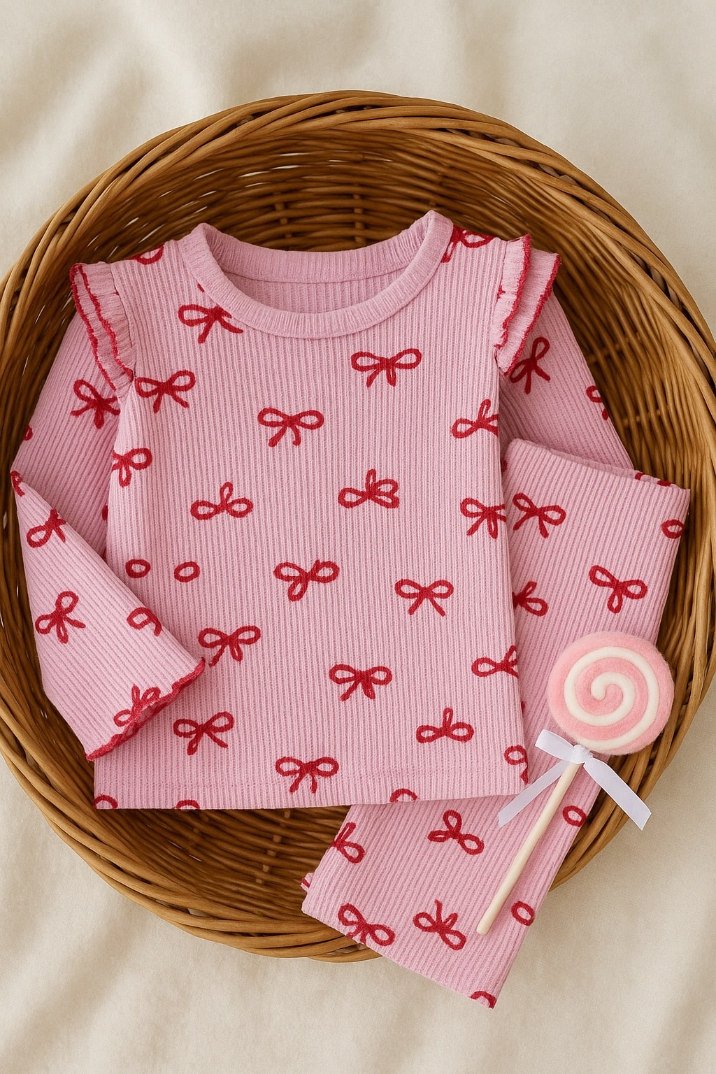 Pembe&Kırmızı Fiyonk Detaylı Gofre Kumaş İkili Takım