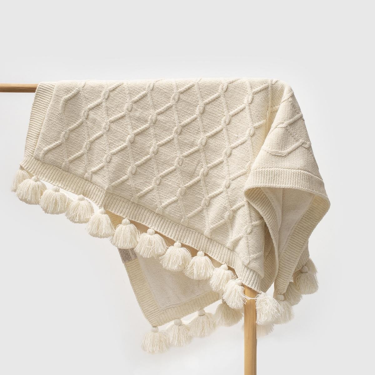 Unısex 85*100 Cm Püsküllü Triko Battaniye - Taş Rengi