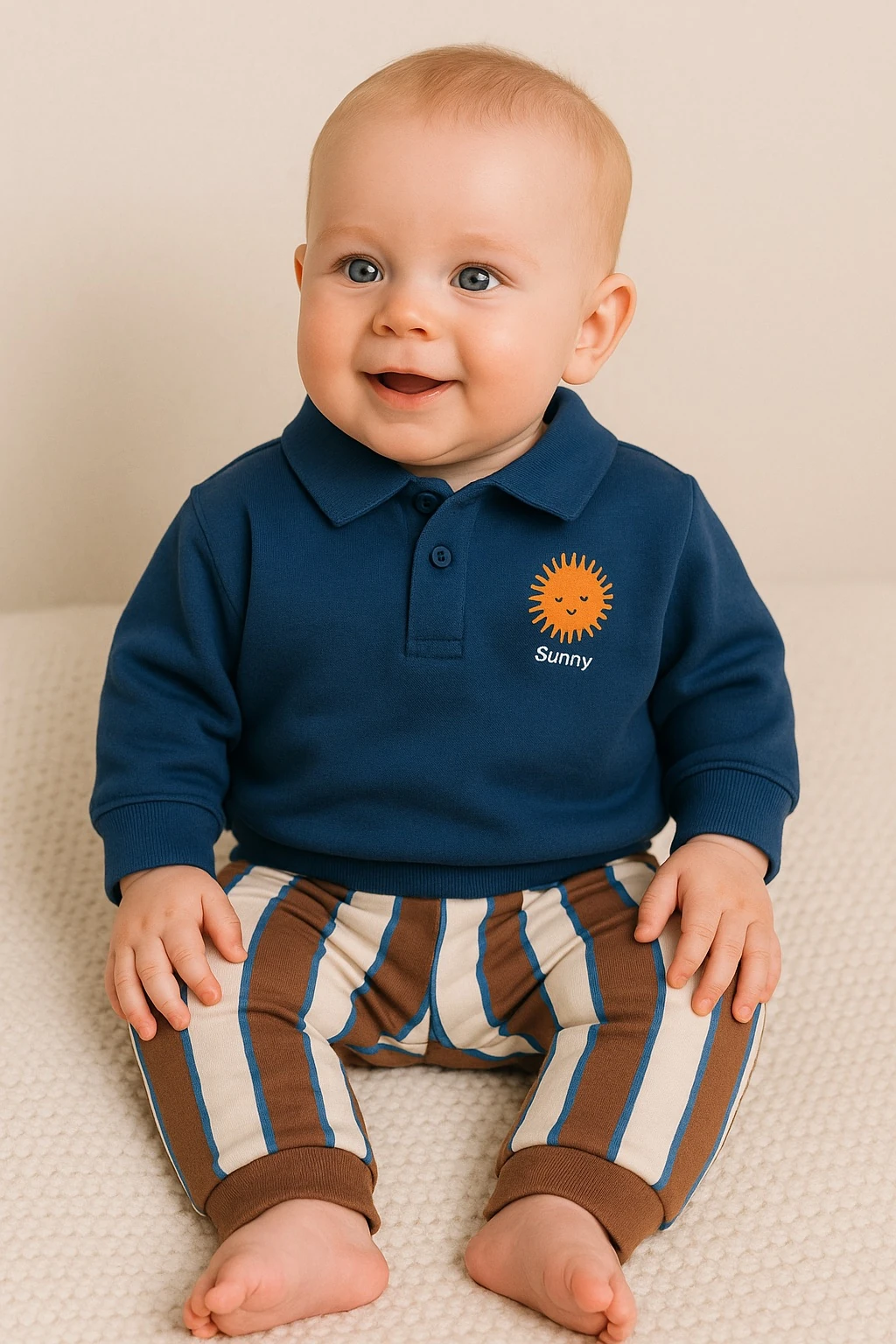 LEROY Erkek Bebek Polo Yaka Sweat Çizgili Alt Takım - Mavi