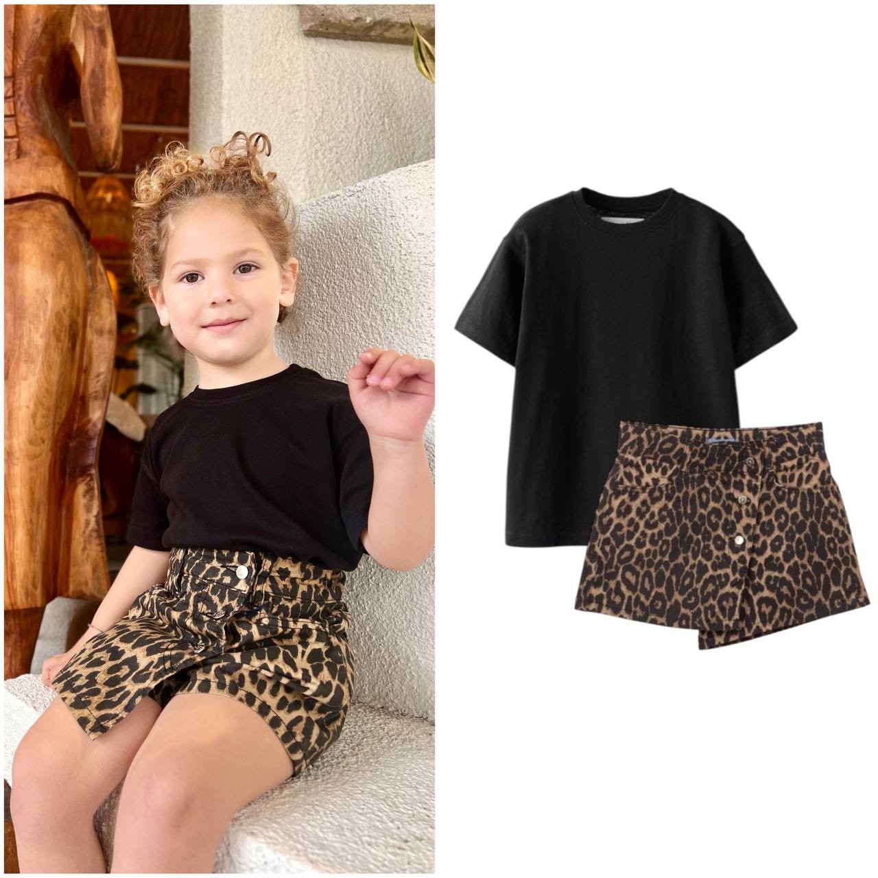AXEL Leopar Şort Etek  & Siyah Basic Tshirt Takım