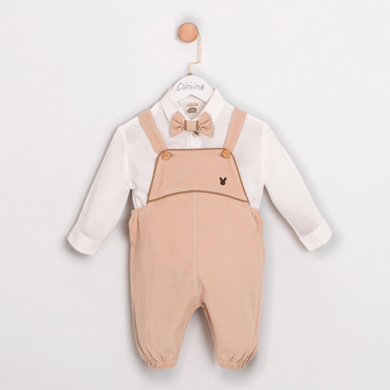 PETIT CHIC Erkek Bebek Kadife Kumaş 3’lü Salopet Takım  - Bej