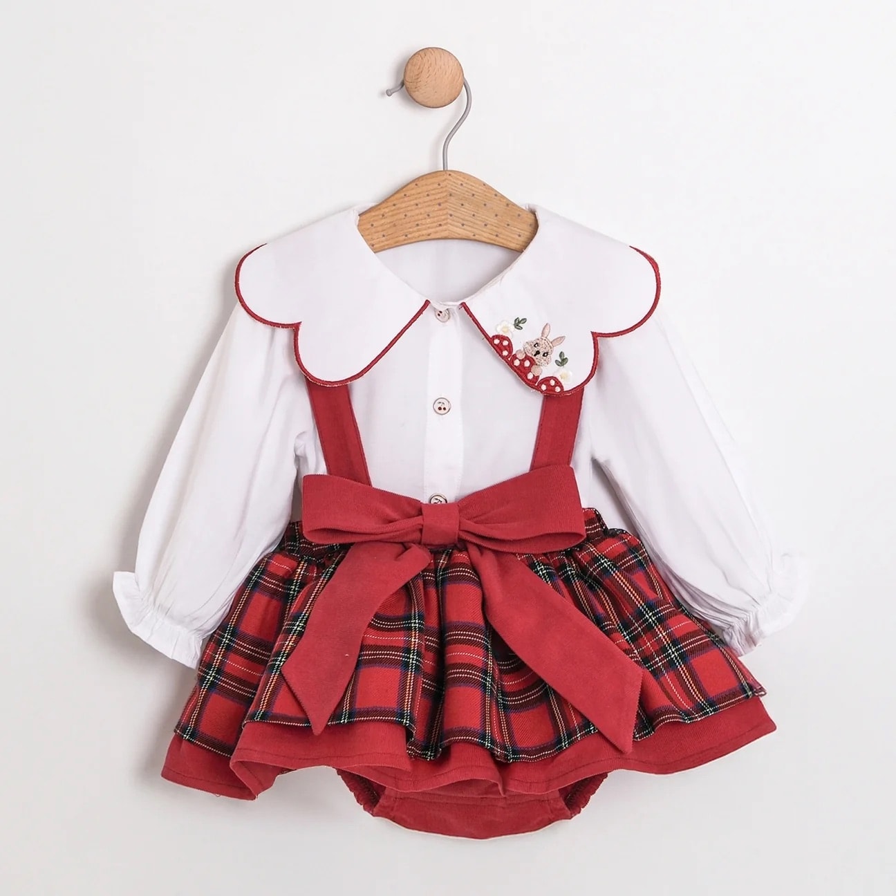 Kız Bebek Bıjou Tavşan Nakışlı Gömlek Romper Set 