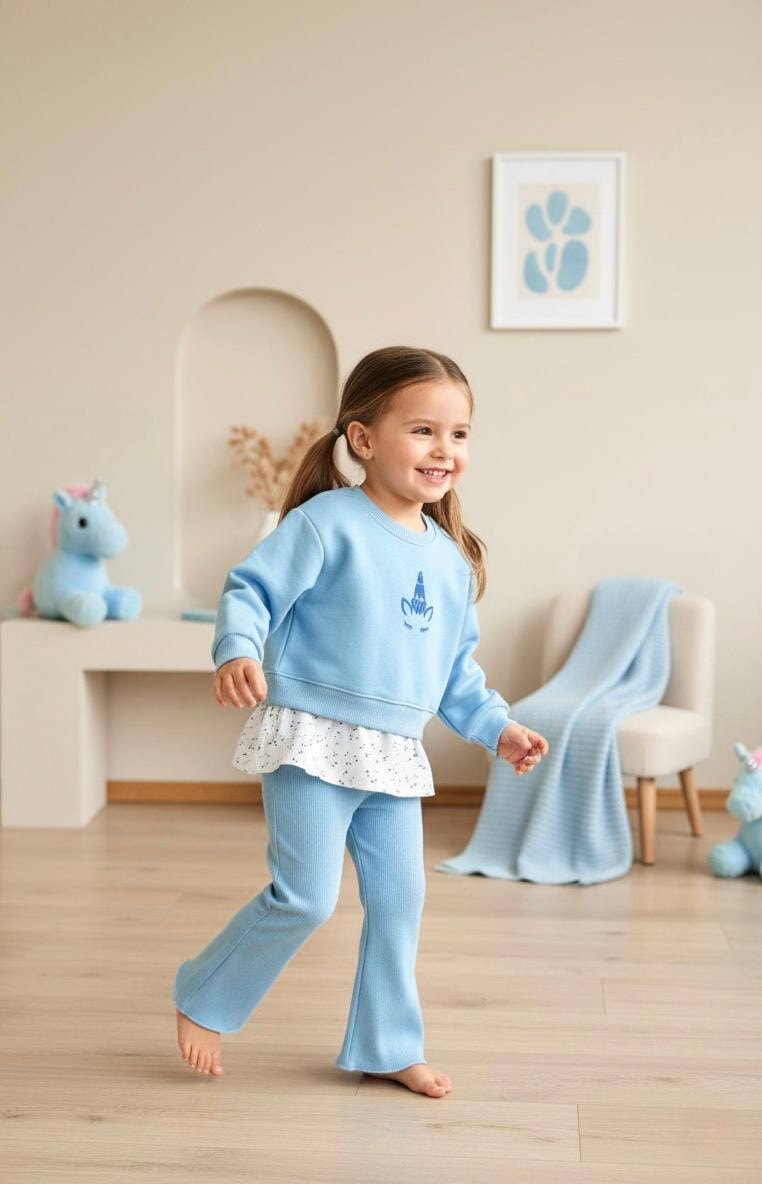 Kız Çocuk Unicorn Baskılı Çiçek Detay Alt Üst Takım