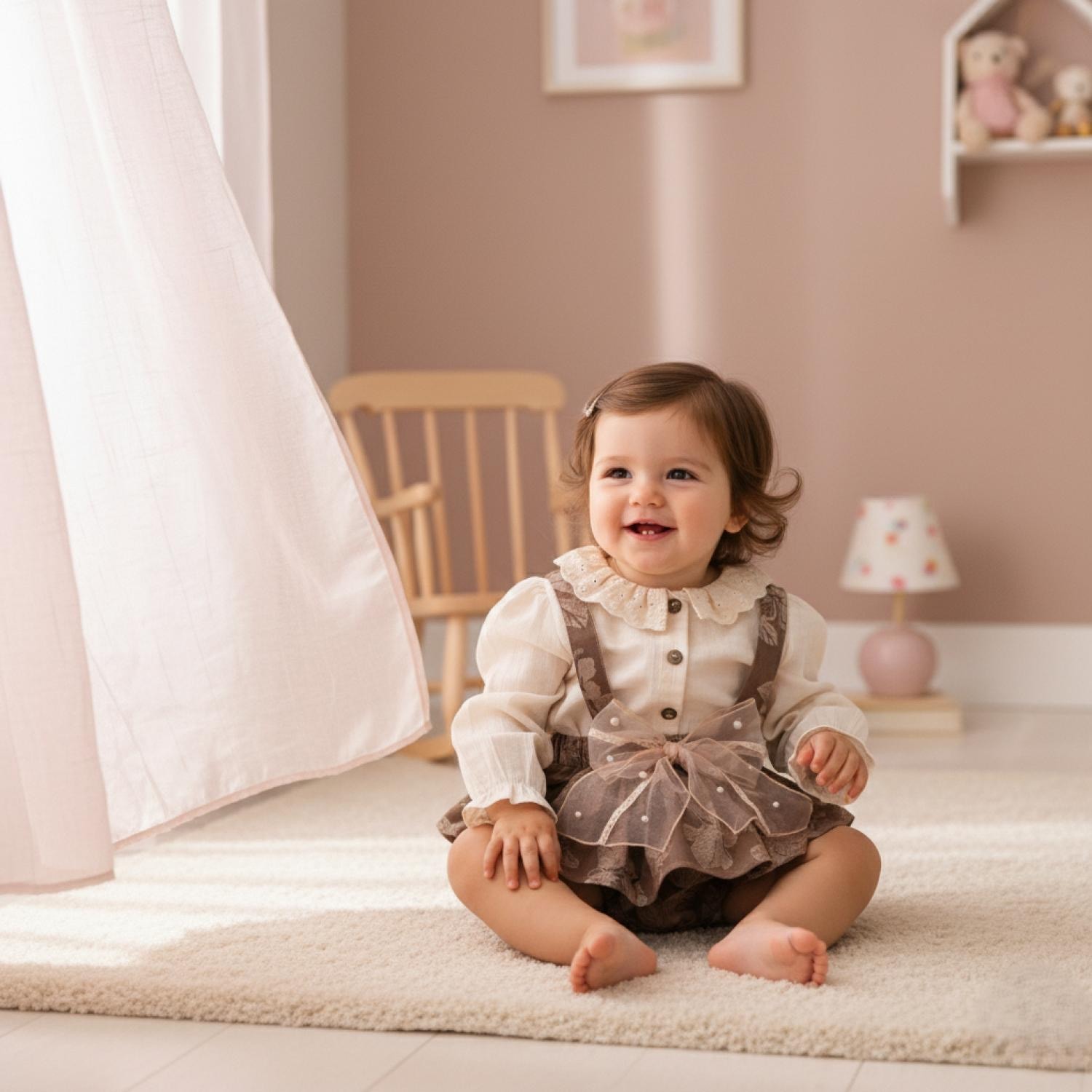 BEAUTY Kız Bebek Tül Fiyonk Detaylı Gömlek Salopet Takım