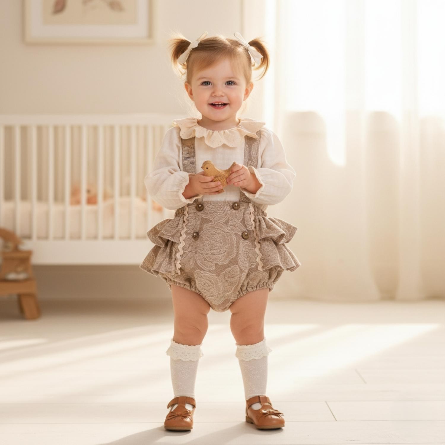 LITTLE ROSE Kız Bebek Gömlek Salopet Takım - Bej