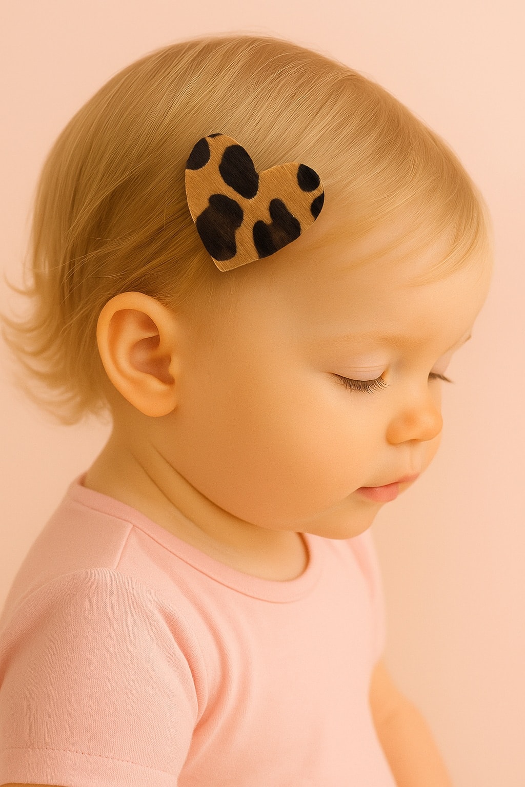Kız Bebek Tüğlü Kalp Leopar Saçsız Toka 