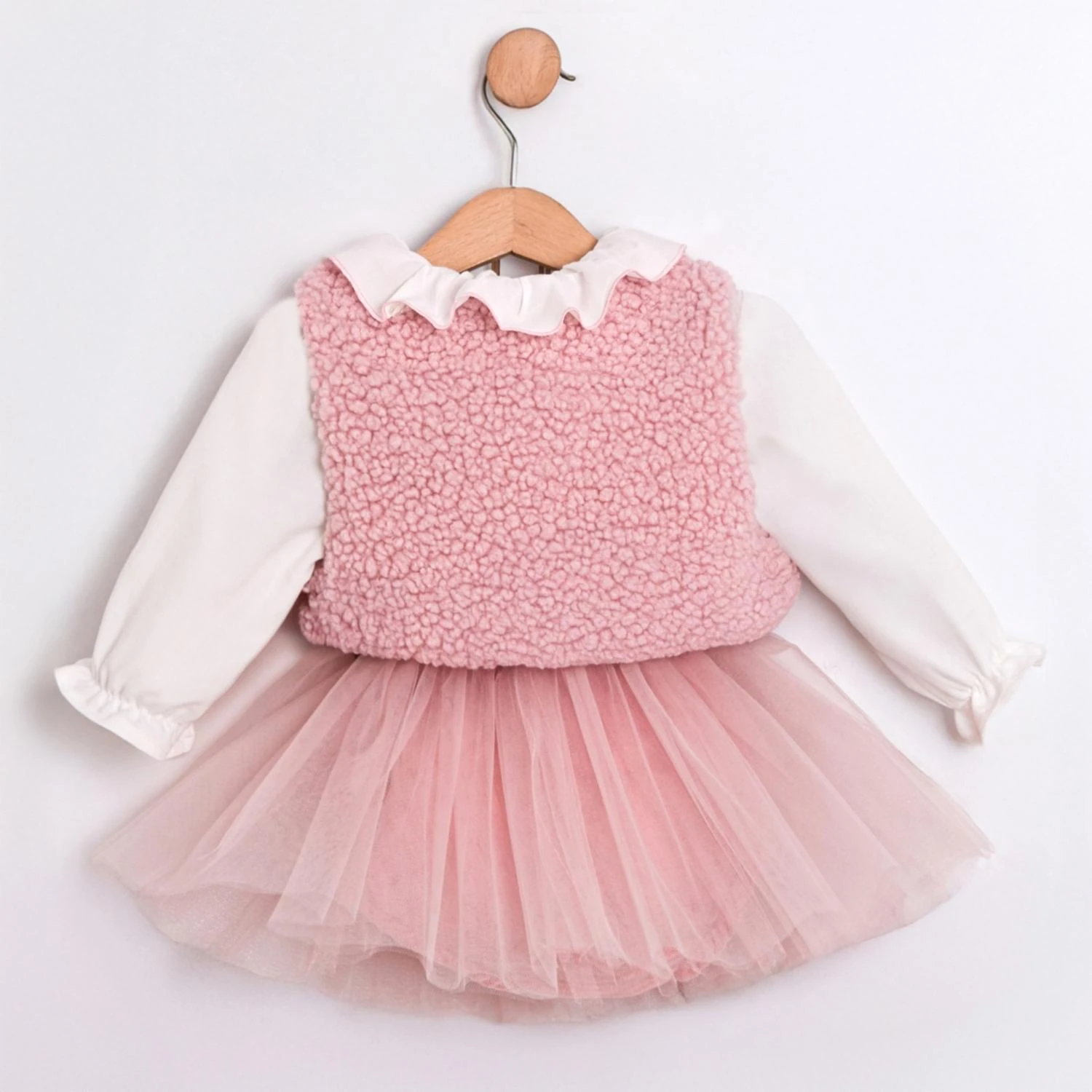 SUGAR Kız Bebek Pembe Peluş Yelek Gömlek Şort 3’lü Takım