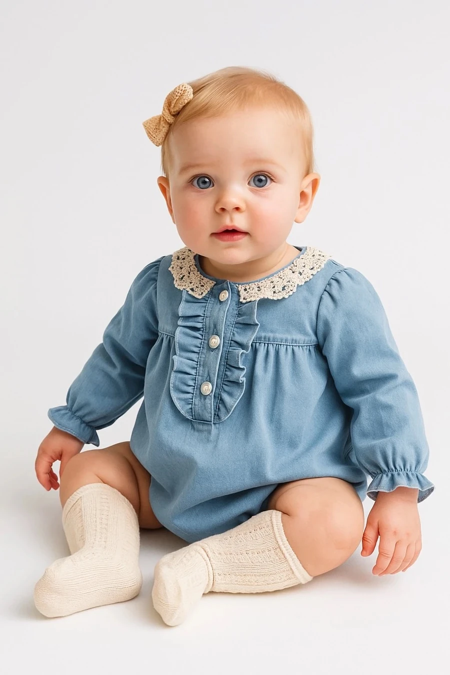 Katie Kız BeBek Denim Romper Çorap Toka Set 