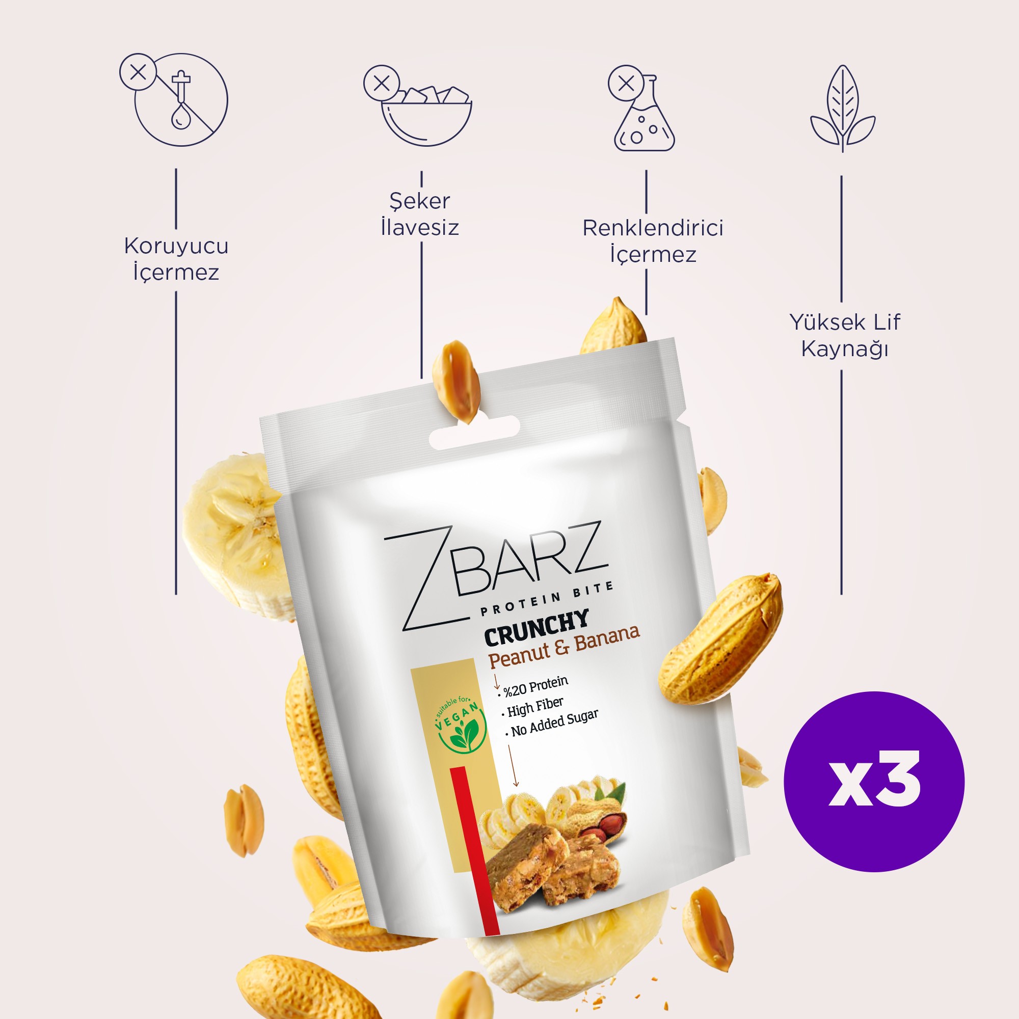 Crunchy Muzlu Yer Fıstıklı Proteinli Bite - 90gr x3