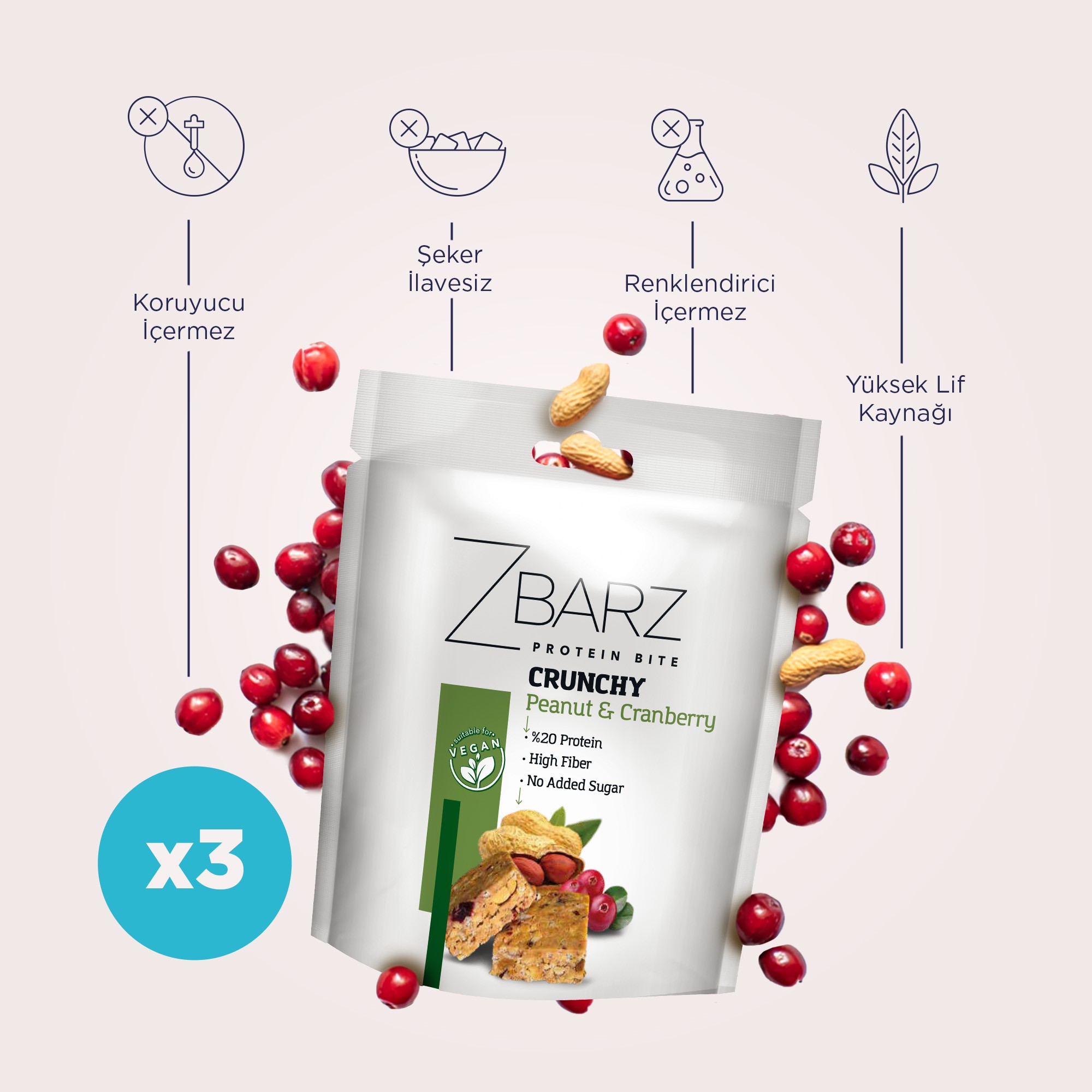 Crunchy Turna Yemişli Yer fıstıklı Protein Bite - 90 g (3 adet)