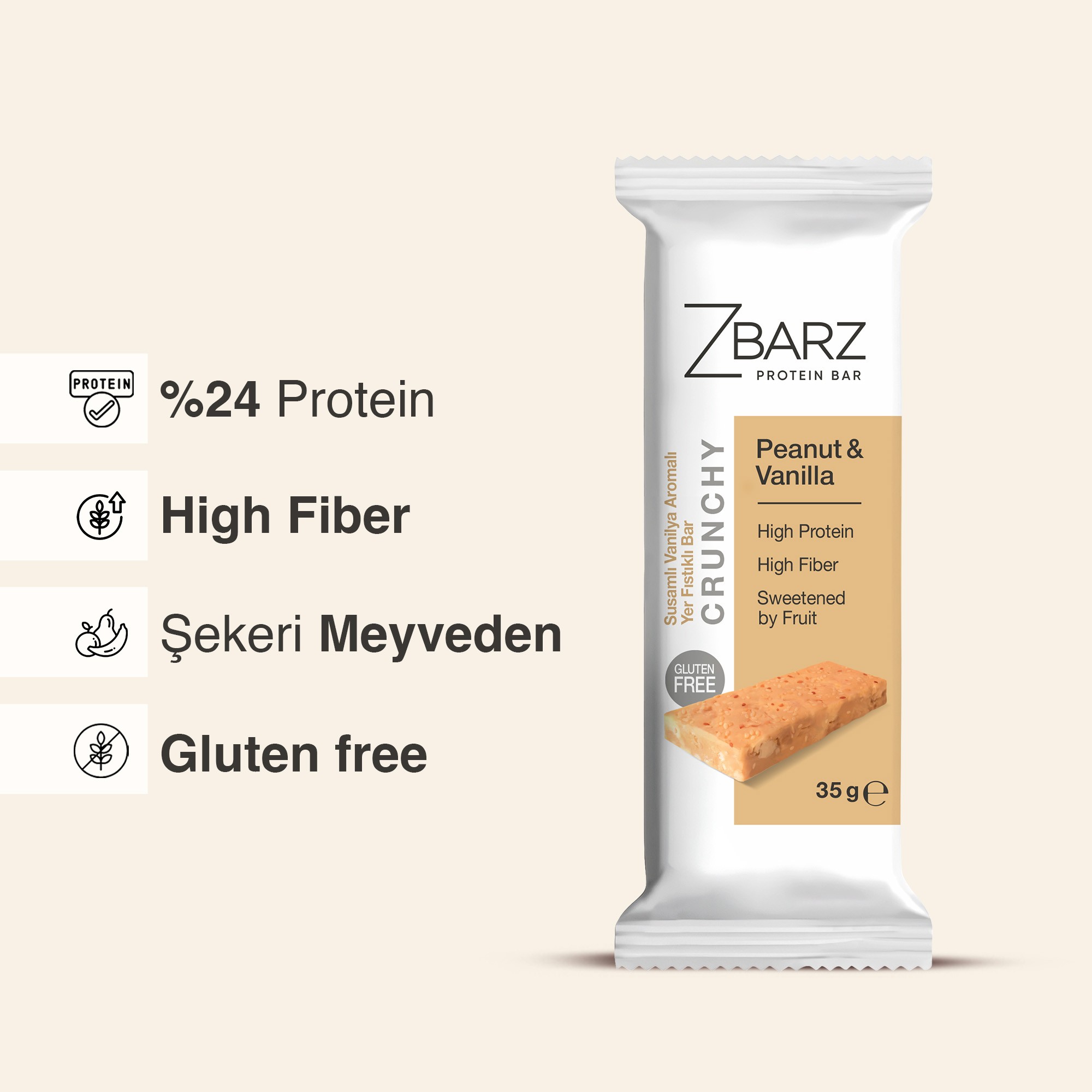 Crunchy Susamlı Vanilya Aromalı Yer fıstıklı Proteinli Bar