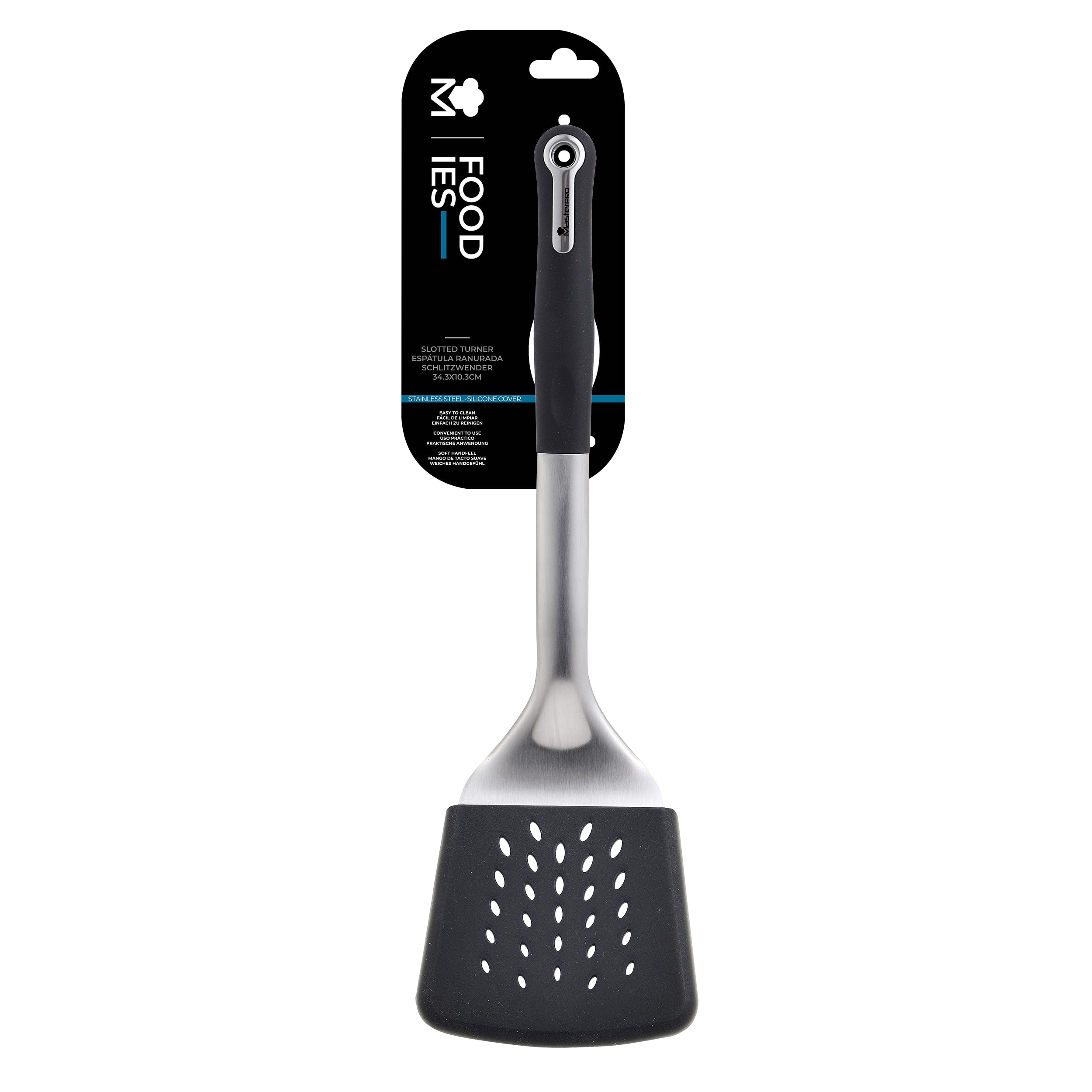 MasterPro Paslanmaz Çelik Oluklu Spatula | 34,3x10,3x4,7 cm | PBT materyal | Foodies Collection serisi | 4861