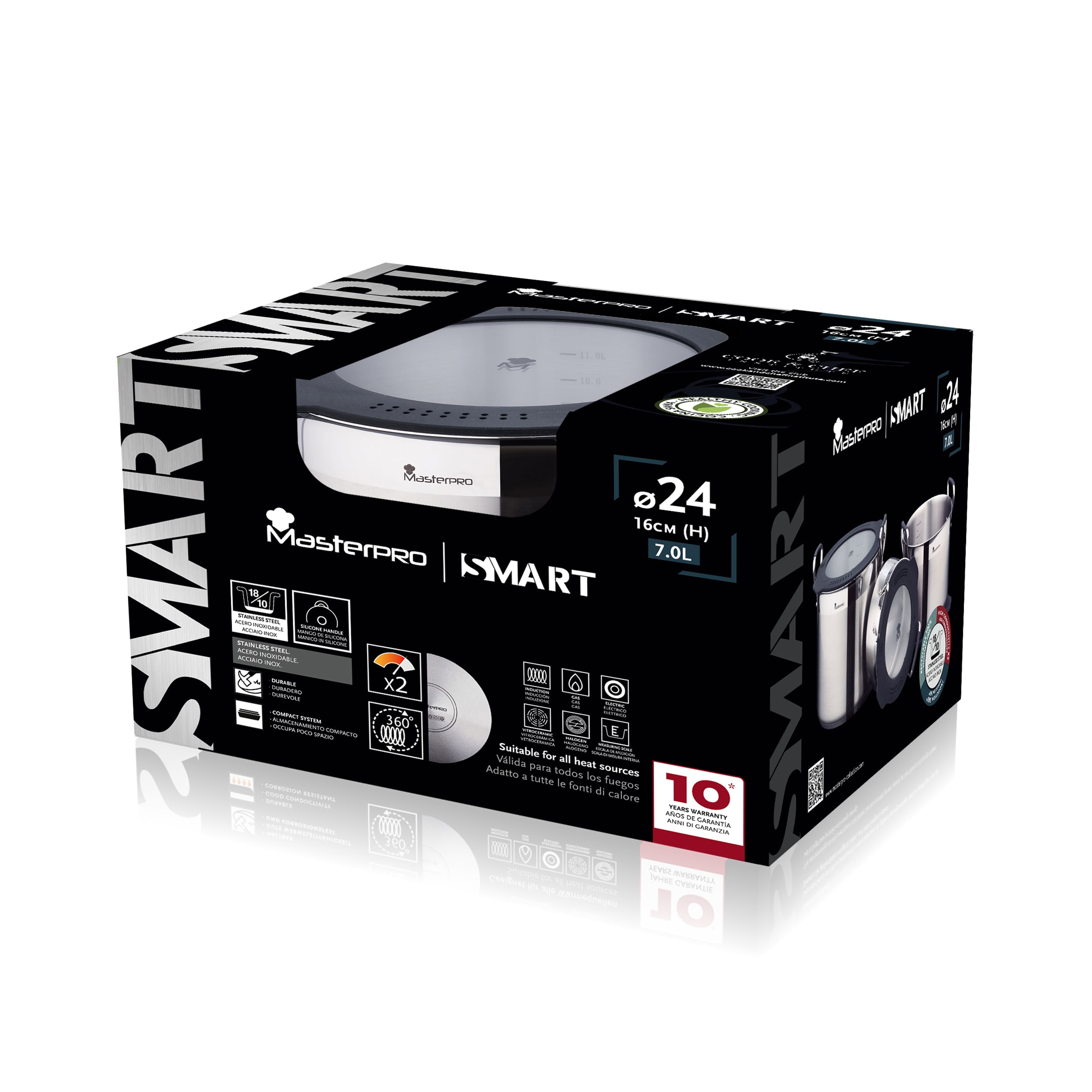MasterPro Paslanmaz Çelik Tencere | İndüksiyonlu | İç içe geçme özellikli | Çok fonksiyonlu tencere kapaklı | 24 cm | Smart serisi | 3779