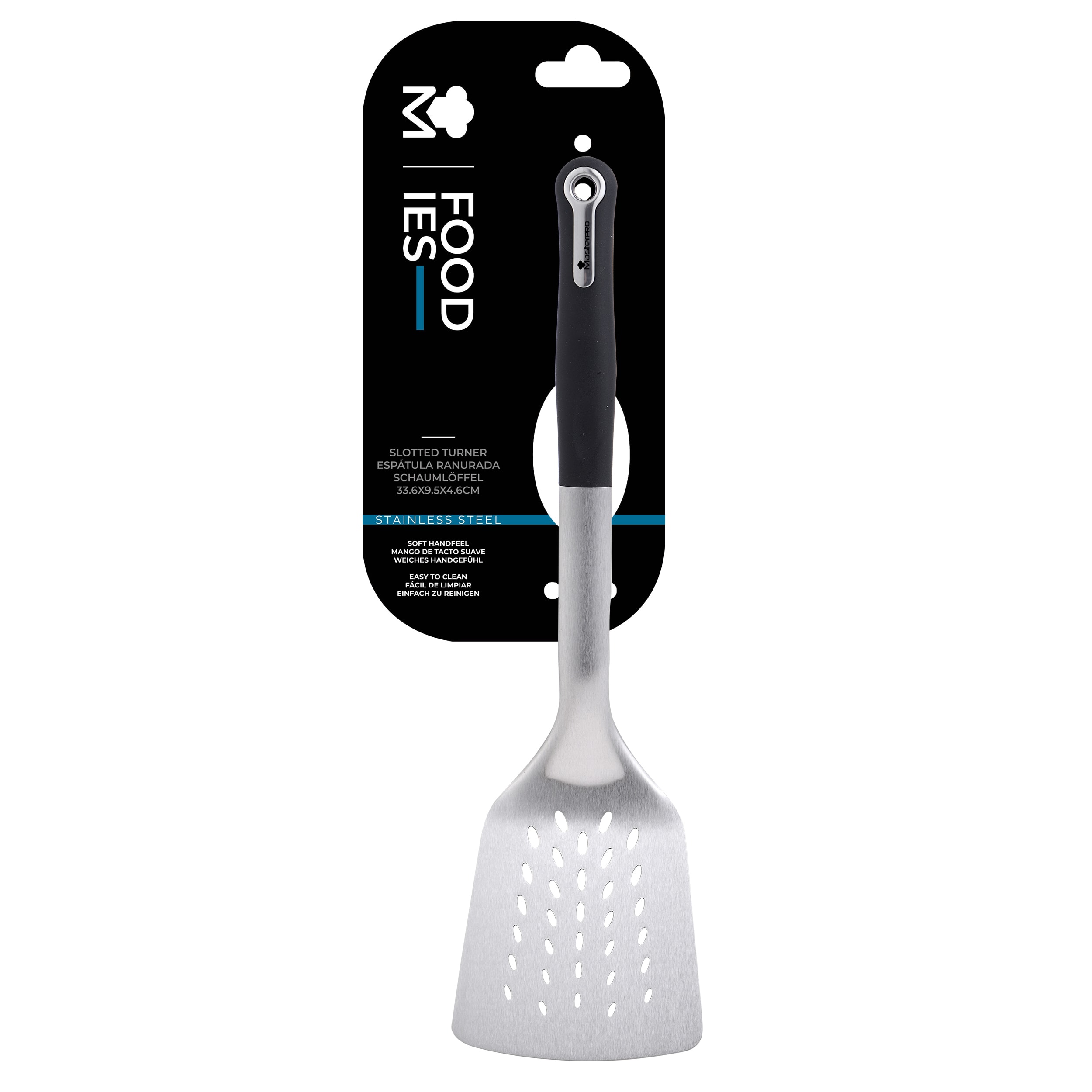 MasterPro Paslanmaz Çelik Oluklu Spatula | 33,6x9,5x4,6 cm | PBT materyal | Foodies Collection serisi | 4859