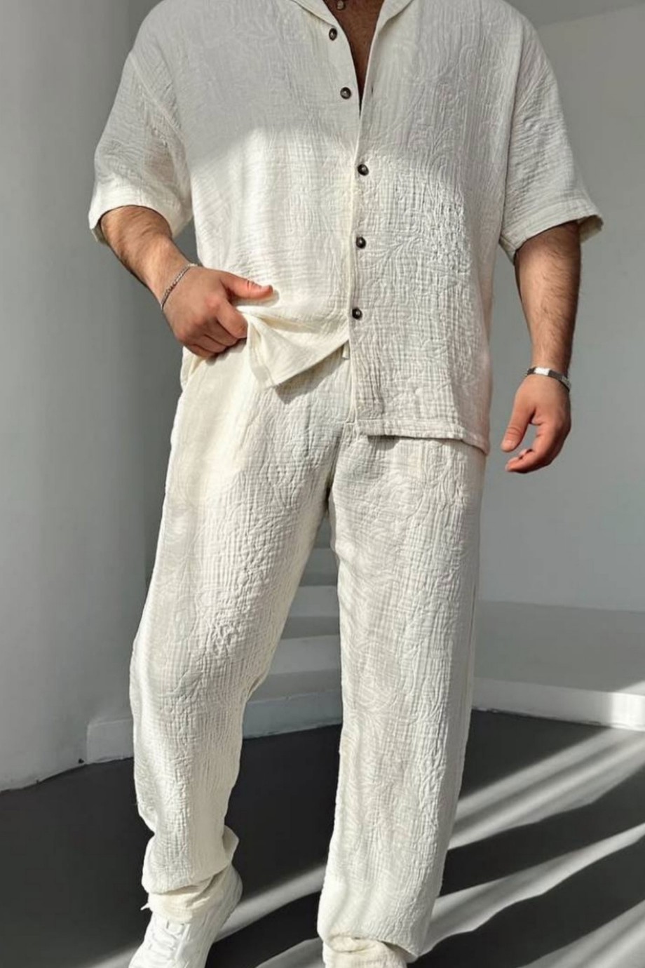 BELDEN LASTİKLİ KETEN PANTOLON-BEJ