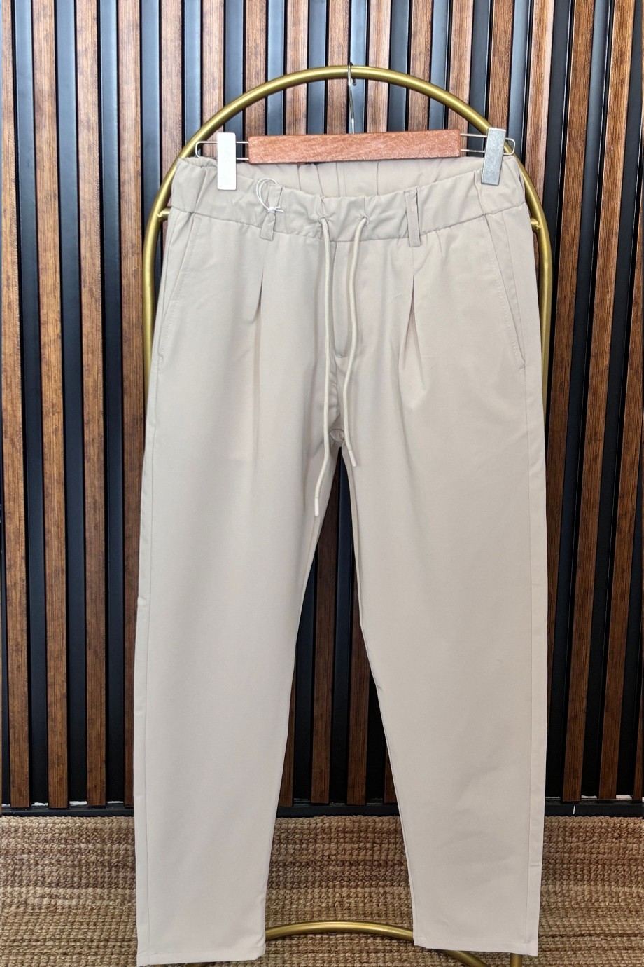 BELDEN LASTİKLİ KORDONLU DOKUMA PANTALON- EKRU