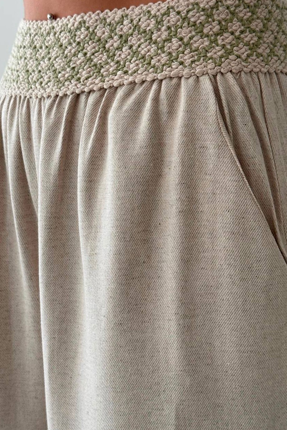 BEL DESENLİ LASTİK PANTOLON BEJ