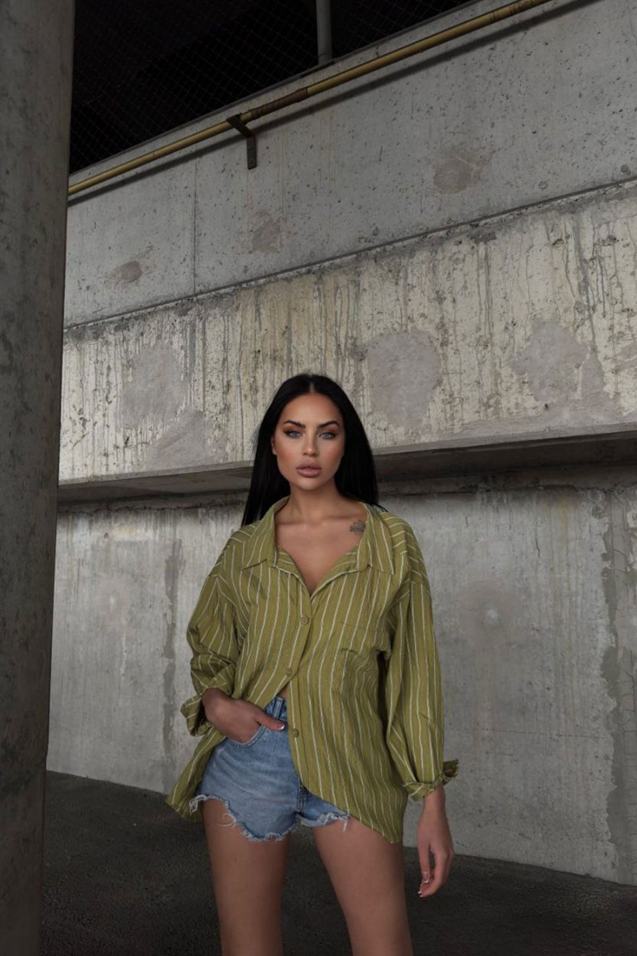 ZARA MODEL ÇİZGİLİ GÖMLEK-HAKİ