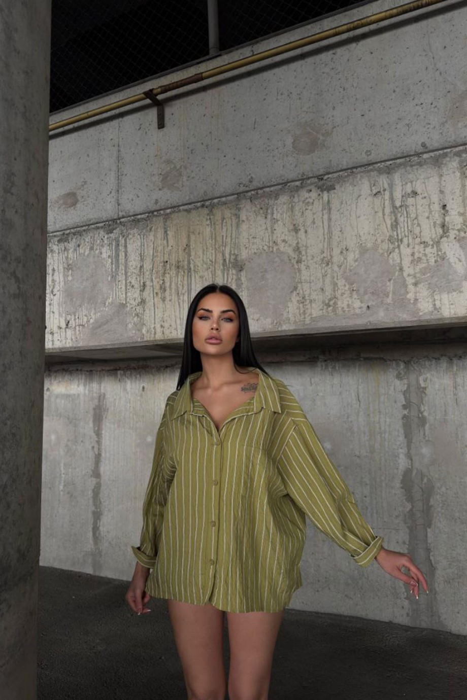 ZARA MODEL ÇİZGİLİ GÖMLEK-HAKİ