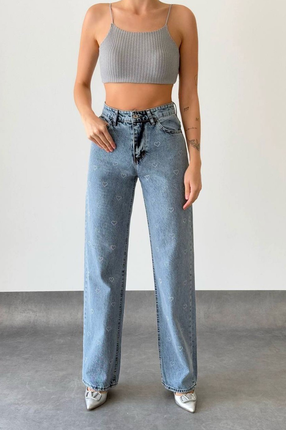 KALP DETAYLI KOT PANTALON MAVİ