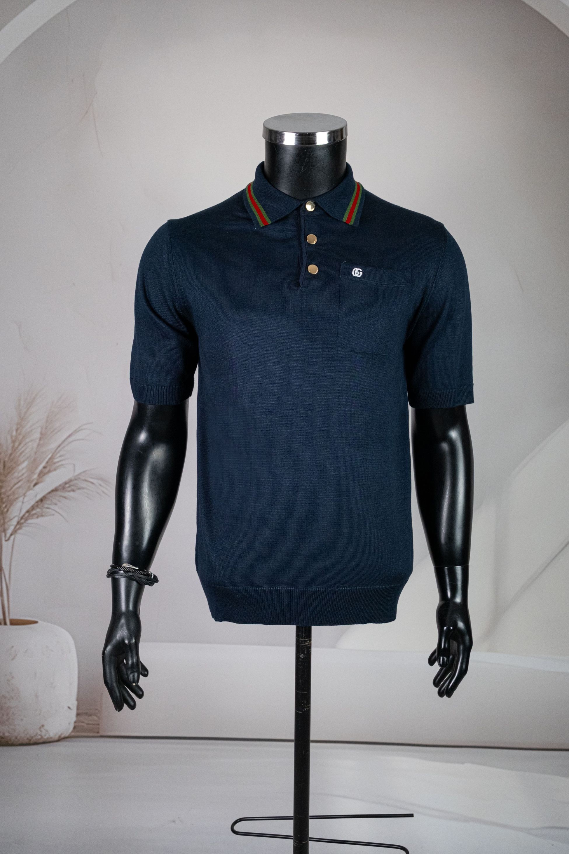Gucci Lacivert Polo Yaka Yeşil Kırmızı Çizgi Detaylı Metal Düğmeli Kısa Kol Triko