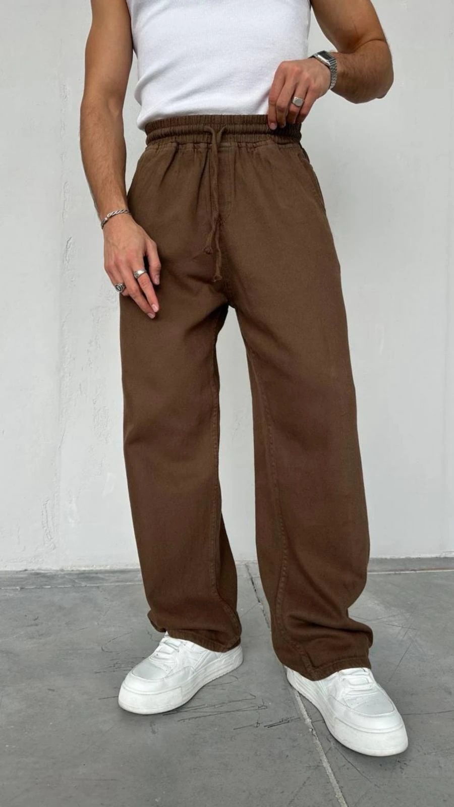 BELDEN LASTİKLİ KORDONLU DOKUMA PANTALON- KAHVERENGİ