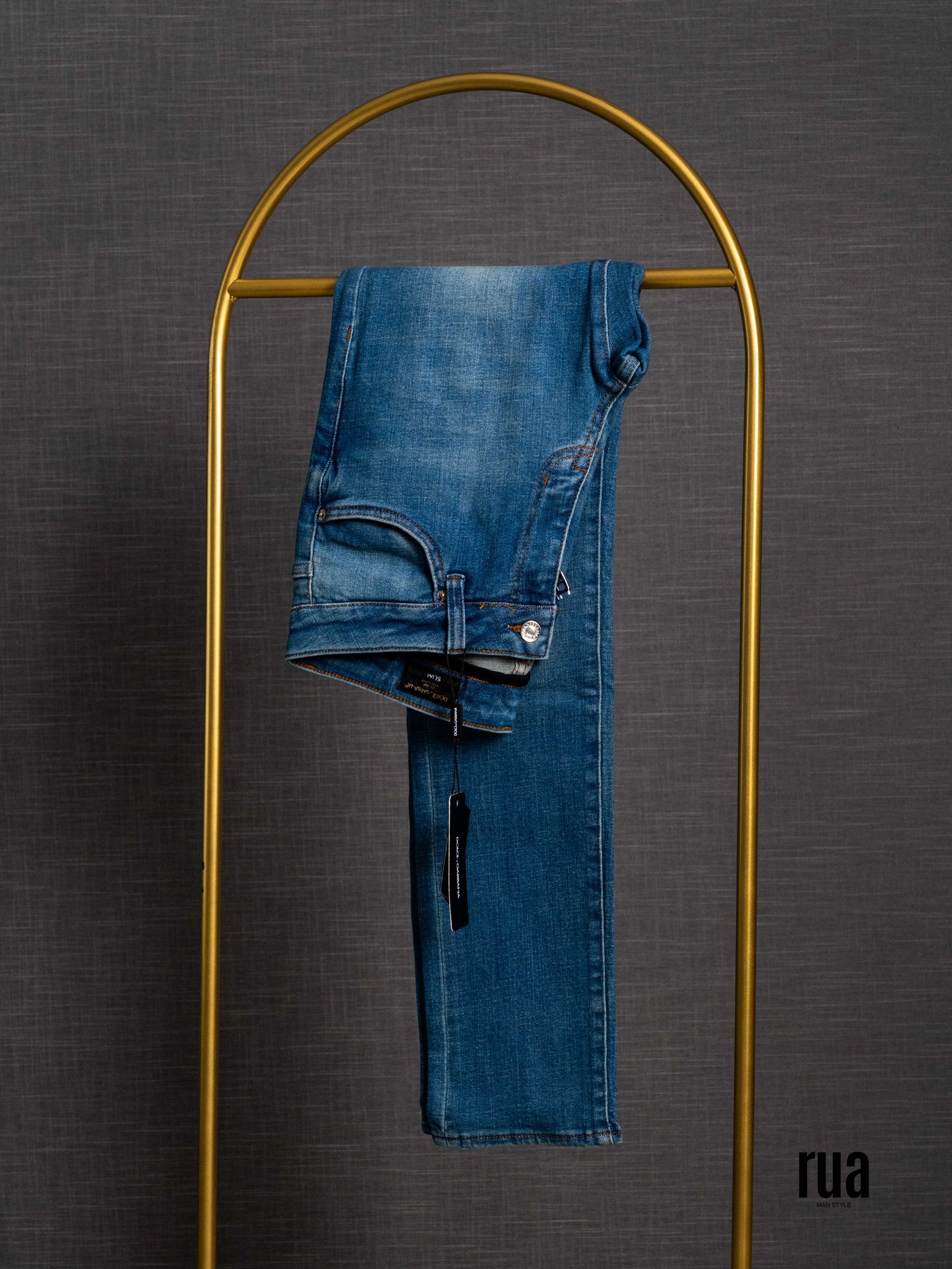 Likralı Arka cepte Marka İzli Jean Slim Fit Mavi