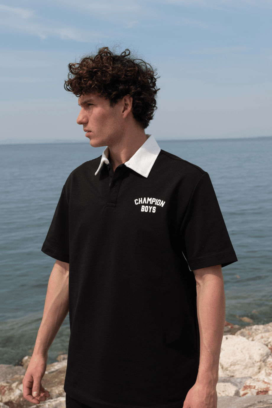 CHAMPION YAZILI POLO YAKA TSHİRT-SİYAH