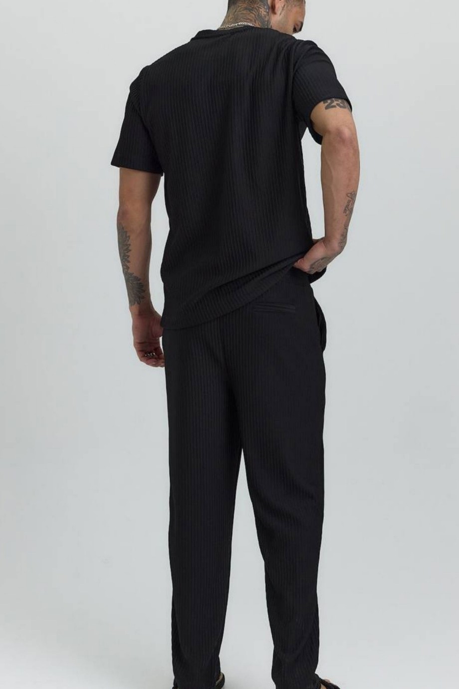 BELDEN LASTİKLİ KORDONLU DOKUMA PANTALON- SİYAH