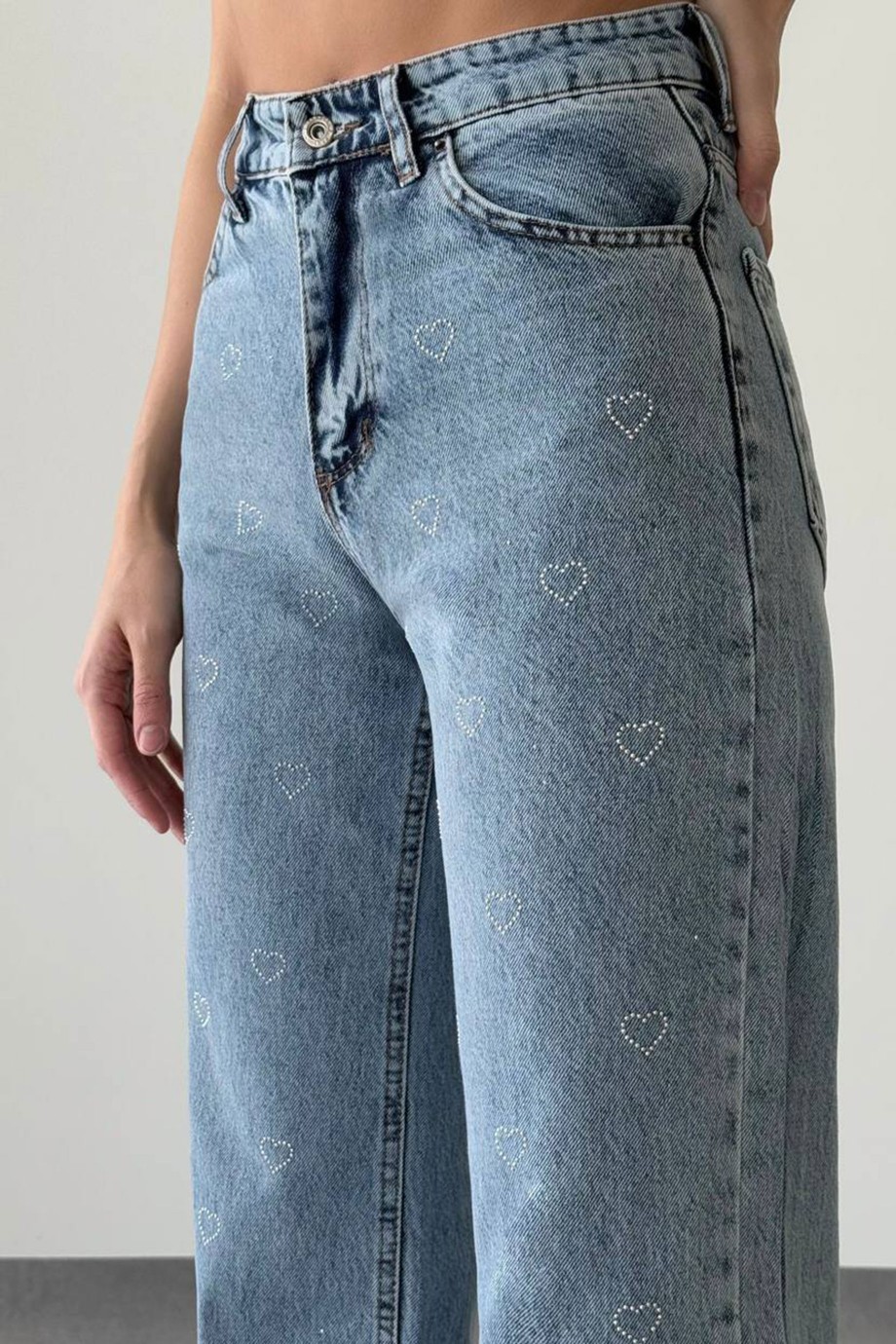 KALP DETAYLI KOT PANTALON MAVİ